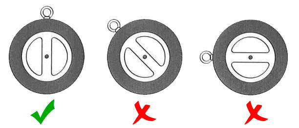 Положення осі міжфланцевого двостулкового клапана при монтажі на горизонтальний трубопровід картинка